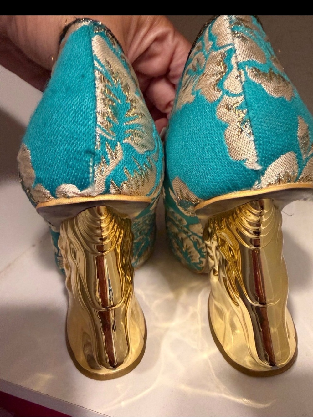 Turquoise and Gold Floral Jacquard Heels Trixy irregular choice